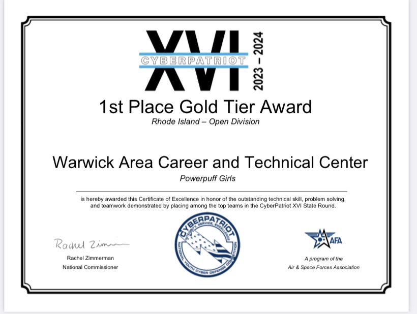 WarwickCTC's tweet photo. Congratulations  to team Goober receiving 3rd place Platinum Tier Award.
Team members:  Joshua Kapotas, Daniel O’Brien, Zachary Walbridge,  Luis-Antono Cruz-Urban,  Jackson Geisler. 
(Photo #4)
Award attached - 3rd Place Platinum  #wactc #warwickctc #wacisco https://t.co/qJq7WsXCew