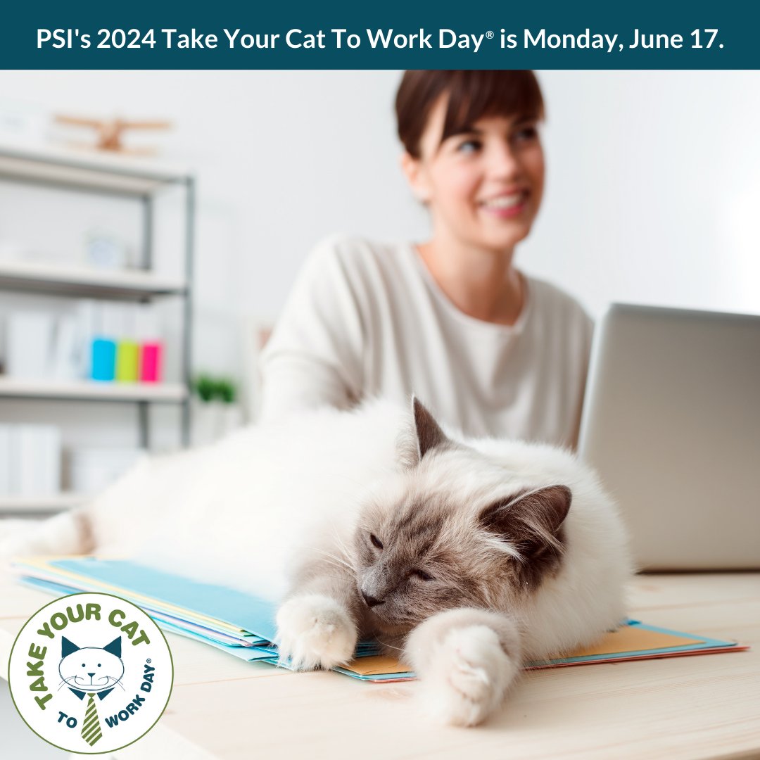 Cat lovers—don't feel left out. The Monday before #TakeYourDogToWorkDay is actually #TakeYourCatToWorkDay, and the entire week is #TakeYourPetToWorkWeek (June 17-21 this year). Learn more and start planning your 2024 event: petsit.com/takeyourcat. #meowmonday #pet #cat