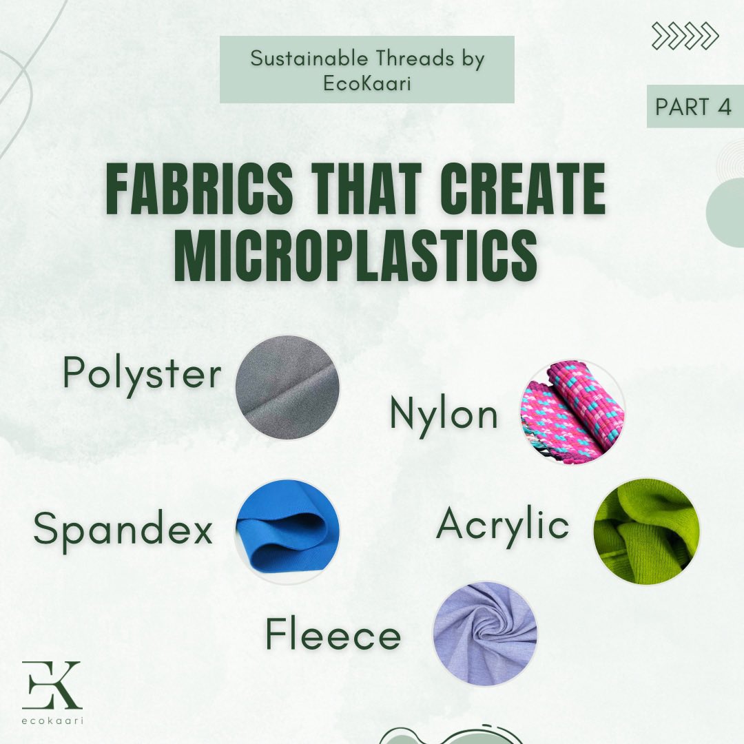 EcoKaari's tweet image. Fabrics that create microplastics pose significant harm to the environment due to their contribution to plastic pollution. 

#eko #ecokaari #ekfam #ehfdevelopmentfoundation #Microplastics #PlasticPollution #Environment #Sustainability #Textiles #NaturalFibers #SyntheticFabrics