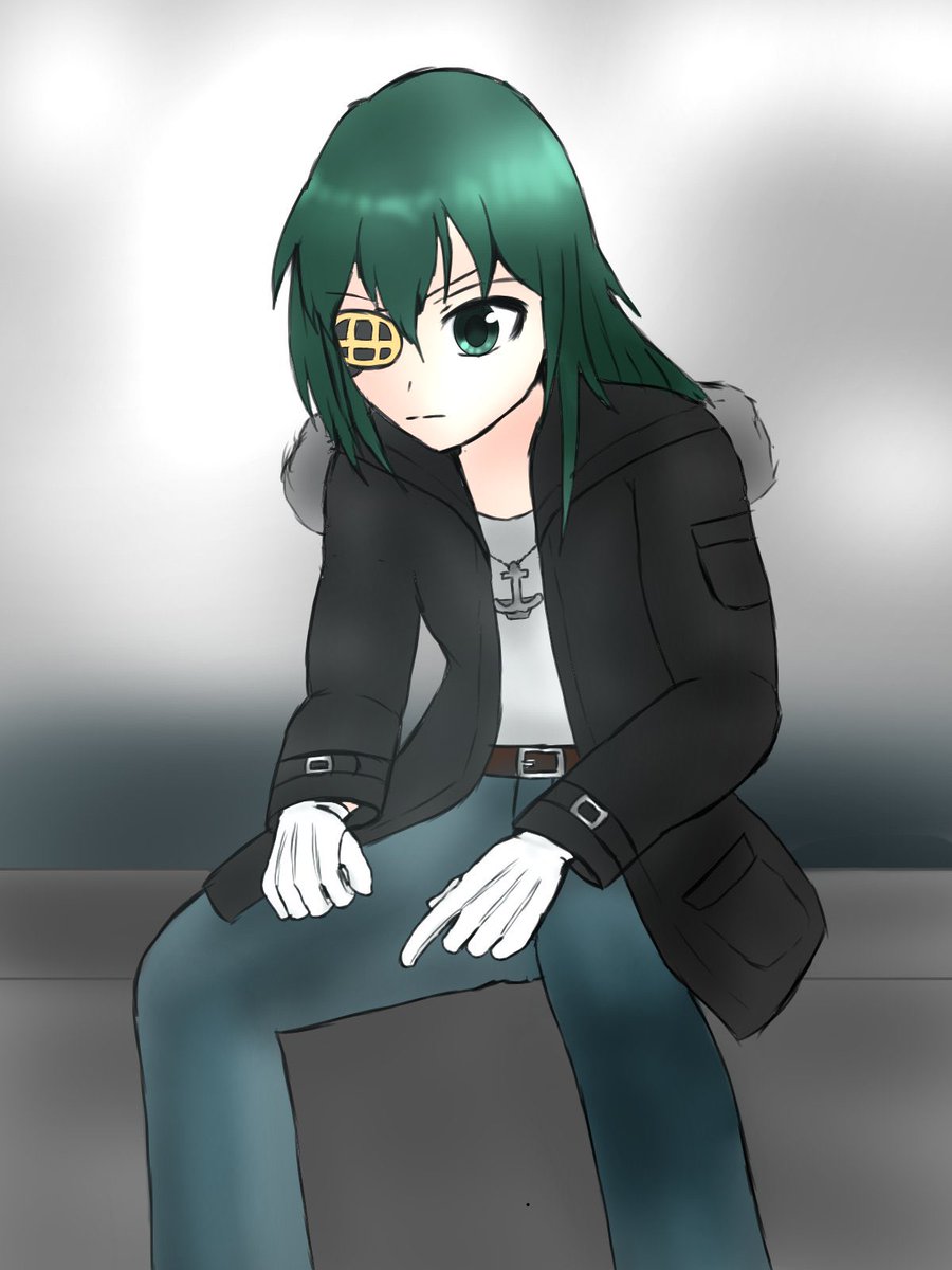 kiso (kancolle) 1girl eyepatch solo green hair green eyes pants gloves  illustration images