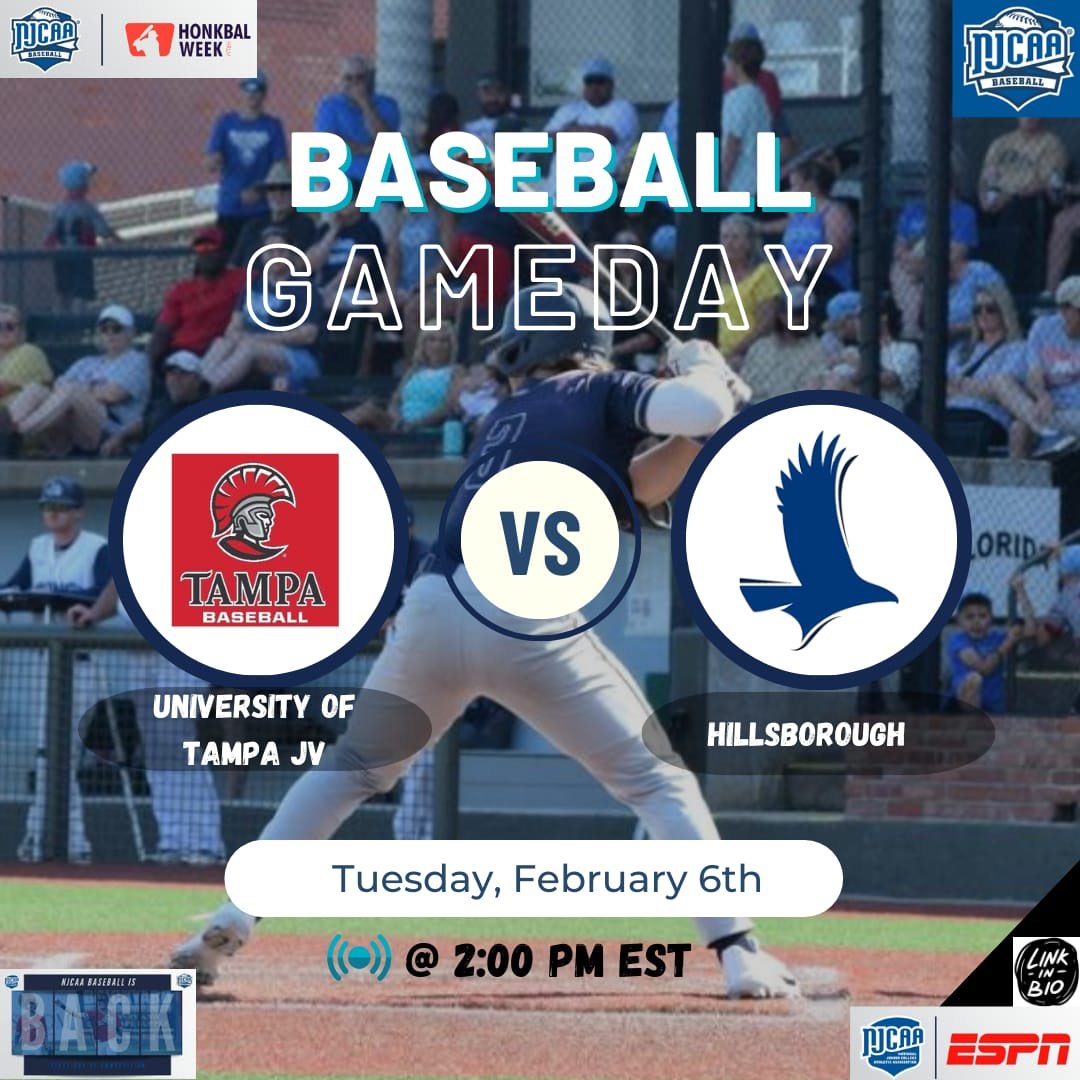 NJCAABaseball24's tweet photo. University Of Tampa JV🆚 Hillsborough
🗓️ Tuesday,February 6, 2024
⏰ 2:00 PM EST
📺Live on : https://t.co/kXdncKzcfu 

@HCCFL_Baseball @rrleaton @DrPerez621 @ItsJesseSimmons @MGonzalezz21 https://t.co/2xs6C1GKss