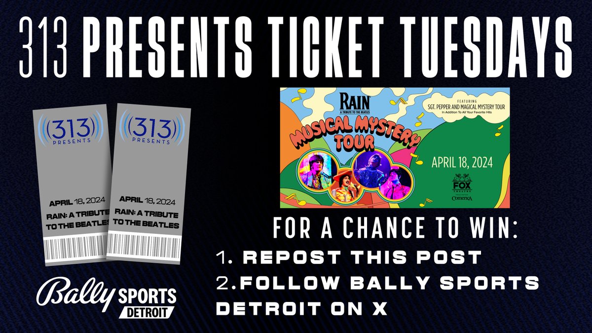 🎟️ 313 PRESENTS TICKET TUESDAYS 🎟️

Your chance to win tickets to an upcoming <a href="/313Presents/">313Presents</a> event/concert!

How to enter:
➖ Repost this post
➖ Follow @BallySportsDET

No purchase necessary. MI and OH residents only. 18+. See full rules at bit.ly/313tickets.