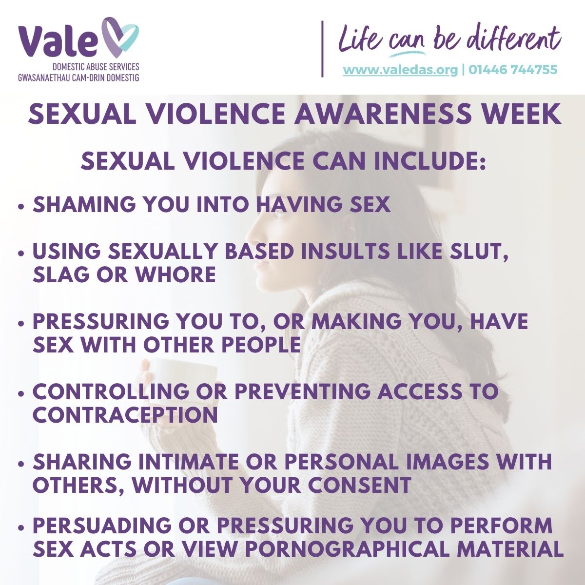 This week is Sexual Abuse and Sexual Violence Awareness week. If someone does anything sexual to another person without their permission, then it’s sexual violence. It’s not ok. Help and support is available to help you. Call: 01446 744755 Email: info@valedas.org #ItsNotOk
