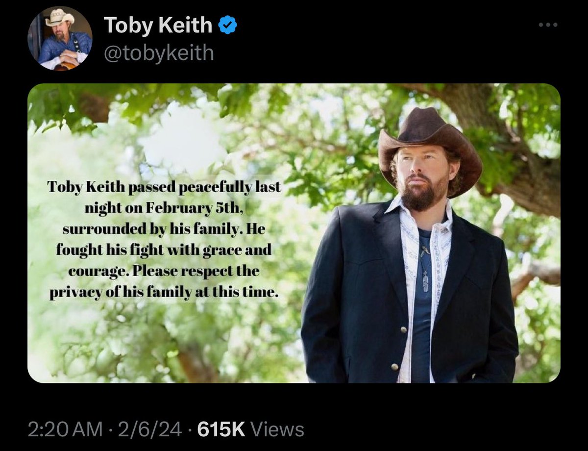 😞 Last night we lost one of the modern greats. I live and operate out of Toby Keith’s hometown of Moore Oklahoma and there’s going to be a lot of sad faces today. 

🪦 RIP Toby Keith. 1961-2024

#tobykeith #riptobykeith #tobykeithcancer #cancer #stomachcancer #rip