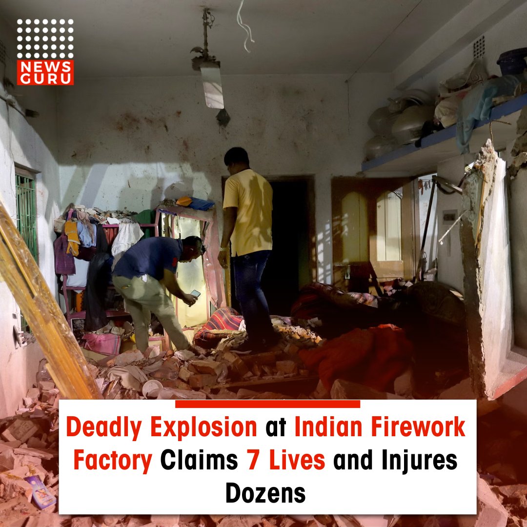newsgurupk's tweet image. A tragic incident unfolded on Tuesday as a massive explosion rocked a firework factory in India, resulting in at least seven fatalities and 75 injuries, officials confirmed.

Read more: newsguru.pk/deadly-explosi…
#NewsGuru #FireworkFactoryBlast #IndianTragedy #ExplosionVictims
