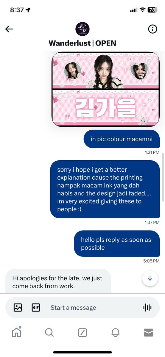 gaeulstudio's tweet photo. want to expose @W_Printing 

i ordered handbanner for #IVEinKL and turns out the printing is very faded like there is run out of ink? i dmed them nicely and they said its out of their ability? sounds like they don’t want to take responsibility :( https://t.co/WWms1yDNwL