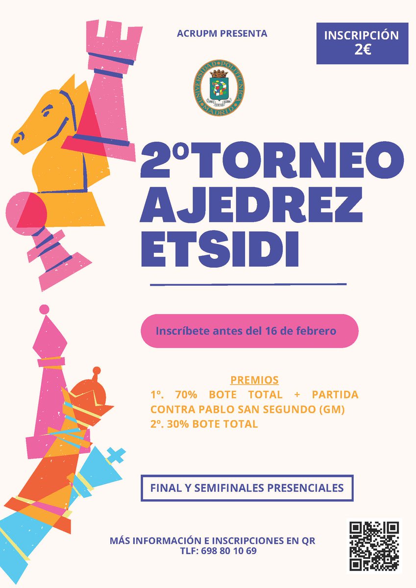 ♟️II Torneo de Ajedrez #ETSIDI que organiza
<a href="/ACR_UPM/">Asociación del Cubo UPM</a> 
Inscripciones hasta el día 16 de febrero. 
Información e inscripción en short.upm.es/ko3dq
#NoSoloIngeniería