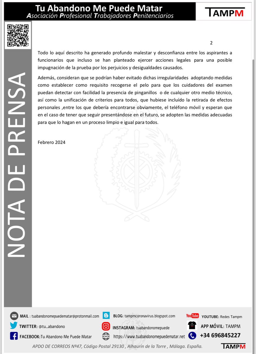 📣 #Comunicado | Desde este Sindicato integrado al 100% por funcionarios de Prisiones queremos hacer público nuestra INDIGNACIÓN y enorme preocupación por lo acontecido el pasado día 4 de este mes en Madrid en el proceso selectivo al Cuerpo de Ayudantes de <a href="/IIPPGob/">Instituciones Penitenciarias</a>

🗣️ Se ha