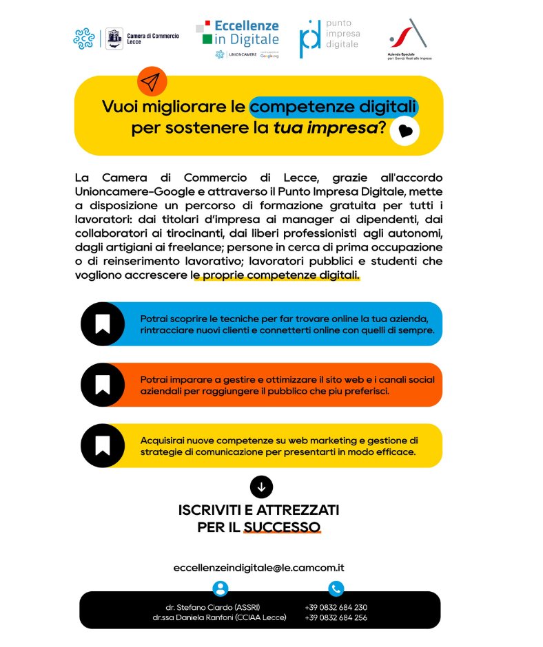CamComLecce's tweet photo. #EccellenzeinDigitale 2023 - 2024. Nel prossimo appuntamento del percorso formativo (13 febbraio 2024) parleremo di:
“I dati per il #web: fondamenti, strumenti di #analisi e restituzione"
Info e iscrizione https://t.co/TI4JNsNNgH
#Eid #formazione #digitale @eccedigit https://t.co/yMxbM5F61E