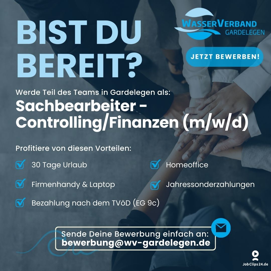 jobclips24's tweet photo. Werde Teil vom Wasserverband Gardelegen &amp; setze als Sachbearbeiter - Controlling/Finanzen (m/w/d) neue Standards! 💥

Worauf wartest Du? Bewirb Dich jetzt! Deinen Lebenslauf an: bewerbung@wv-gardelegen.de

🌐 Oder bewirb Dich schnell unter: https://t.co/OsIFN0wDay

#jobsearch https://t.co/l9wfdEOzIW