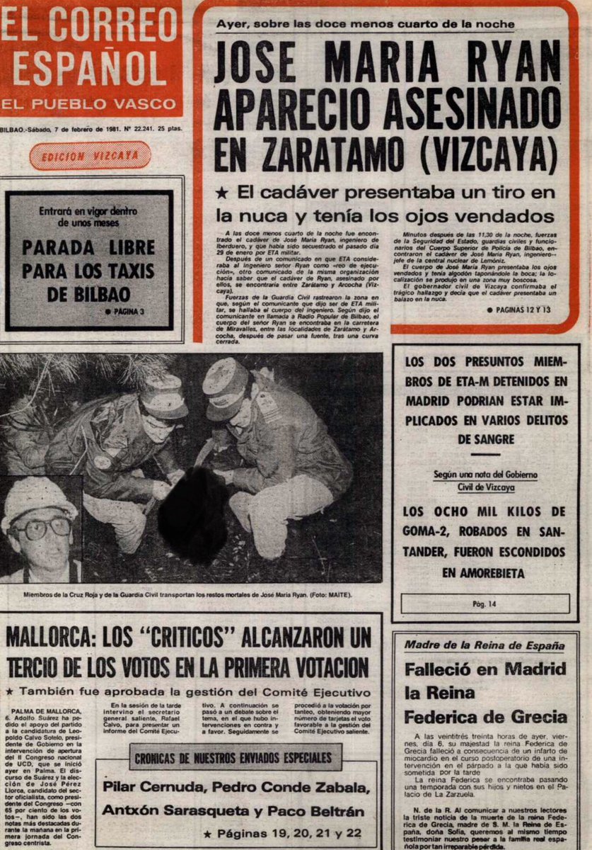 Al borde de un camino forestal, un cadáver con las manos atadas y un tiro en la nuca, así apareció el ingeniero jefe de #Lemoniz José María Ryan #TalDiaComoHoy de 1981 #ETA.

Su calvario comenzó 8 días antes tras su secuestro y tortura.

Otra historia de terror e #impunidad ⤵️
