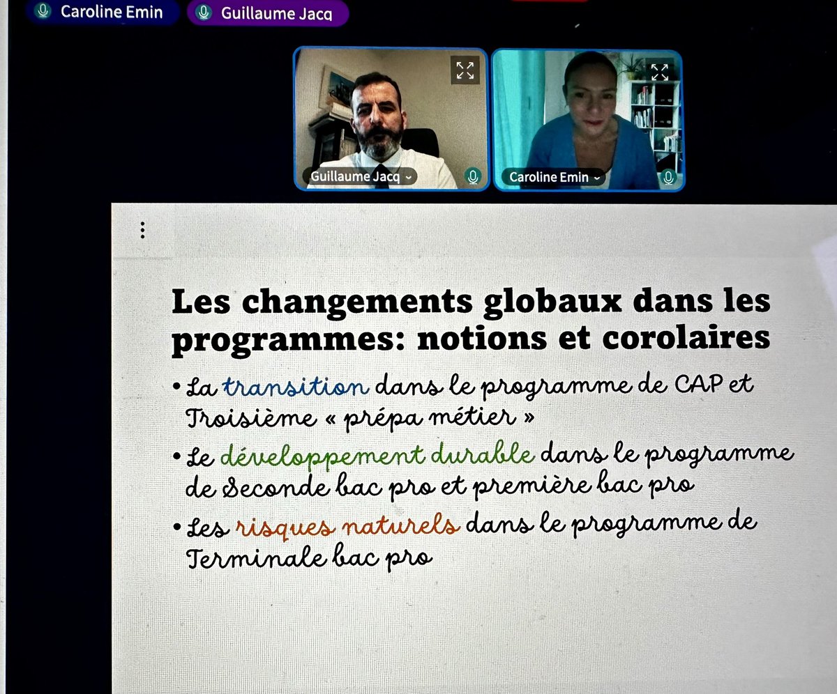 Webinaire « FOCUS GÉO » consacré aux enjeux globaux dans les programmes de géographie en LP. Un grand merci à @carolinemin16  pour ses éclairages et les propositions de mise en œuvre. La capsule vidéo et le diaporama seront disponibles le site académique LHG <a href="/acgrenoble/">Académie de Grenoble</a>.