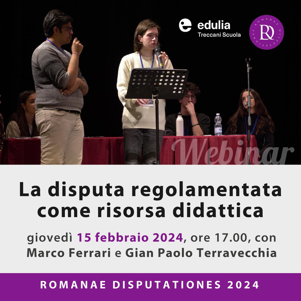 RDisputationes's tweet image. Vi invitiamo al webinar dal titolo “La #disputa regolamentata come risorsa didattica” su Zoom giovedì 15 febbraio alle ore 17.00 con Marco Ferrari, docente, preside e direttore di #RomanaeDisputationes, e Gian Paolo Terravecchia, docente e presidente del Comitato didattico di RD