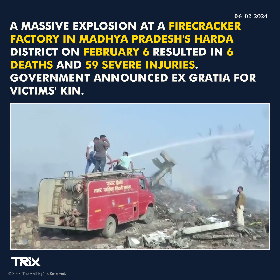 'Deadly Explosion at Madhya Pradesh Firecracker Factory Leaves 6 Dead, 59 Injured'.

#HardaExplosion #MadhyaPradesh #FactoryBlast #Tragedy #Casualties #GovernmentAid #ExGratia #Condolences #EmergencyResponse #SafetyMeasures #trixindia