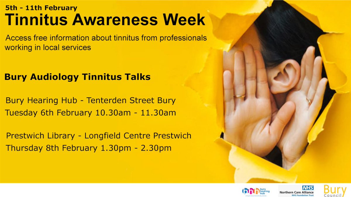 BuryHearingHub's tweet photo. Thanks to Radcliffe Audiology and all a those that attended the tinnitus talk this morning. There will be a further tinnitus talk this Thursday 8th February 1.30-2.30pm at Prestwich Library.
@BuryLibraries 
#TinnitusWeek https://t.co/qiEeiE1rv1