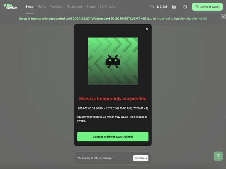 tealswap's tweet photo. 📢Maintenence announcement for Tealswap Users📢
Can't wait to open V3! We are doing liquidity migration with Verses and Dapps, so that you can seamlessly use V3 with full liquidity.
In V2, Swap is temporarily suspended until 2024.02.07 (Wednesday) 10:00 PM(UTC/GMT +9) due to the ongoing liquidity migration to V3, which may cause Price Impact in swaps.
For inquiries, please contact us on the Discord channel !