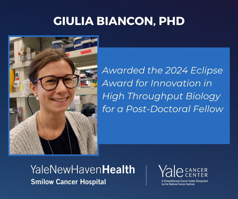 YaleCancer's tweet photo. Congrats Giulia Biancon, PhD @BianconGiulia winner of The Eclipse Award for Innovation in High Throughput Biology @RNASociety, for her research achievements in the growing areas of high throughput experimentation and analysis. @SmilowCancer @YaleMed @Halene_lab @YaleHematology https://t.co/s0mQ47Pojl