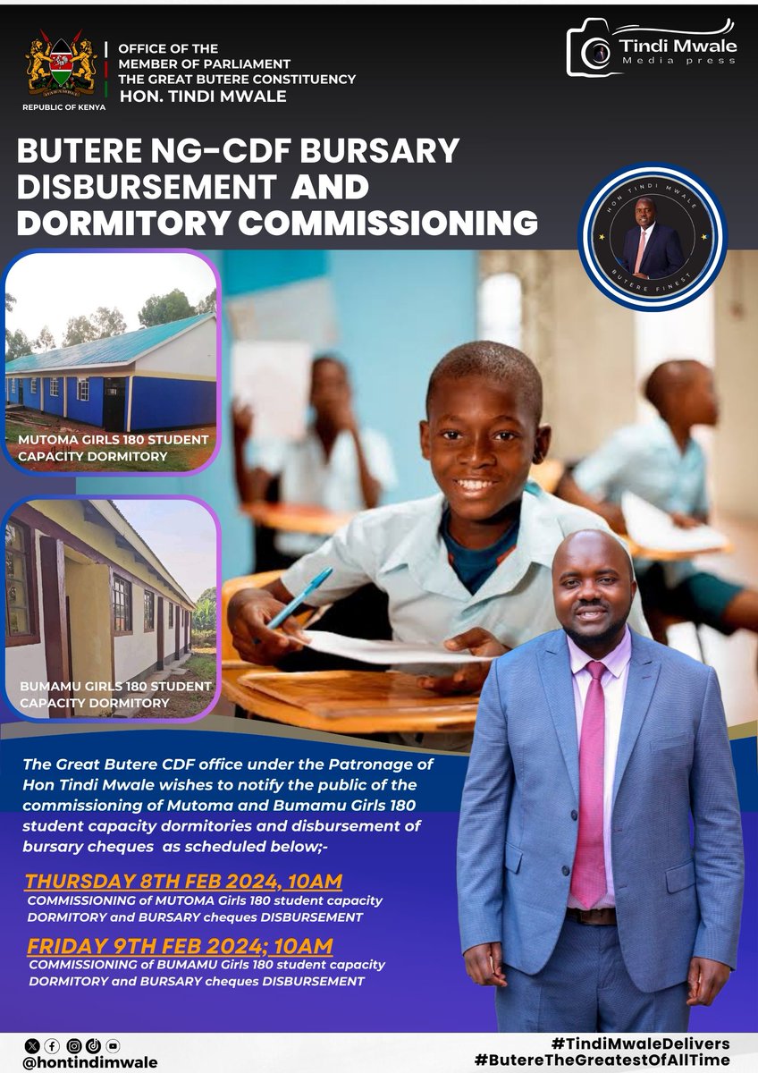 BURSARY CHEQUES ISSUANCE AND THE OFFICIAL COMMISSIONING OF MUTOMA AND BUMAMU GIRLS 180 STUDENT CAPACITY DORMITORIES In the spirit of ensuring continuous learning for our students. #TindiMwale #TindiMwalePeoplesServant #ButereTheGreatestOfAllTime