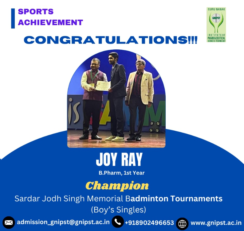 CONGRATULATIONS TO Mr. Joy Ray for champion (gold medal winner) in Sardar Jodh Singh Memorial Badminton Tournament (Boy's Singles).
#GNIPST #JISGroup #Winner #Badmiton #tournament
You may follow GNIPST @
Website: gnipst.ac.in
LinkedIn ID:
linkedin.com/.../guru-nanak…