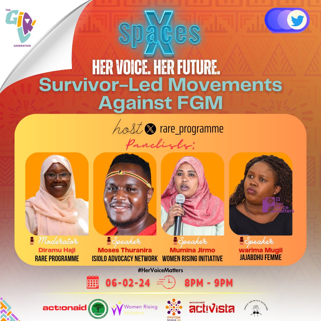 🎙️ Join our impactful Twitter Space to mark the International Day of #ZeroToleranceFGM!

#HerVoiceMatters - a space to amplify survivor stories, engage in open dialogue, and champion change. Join fight against FGM: 🔗 bit.ly/4857Iiy