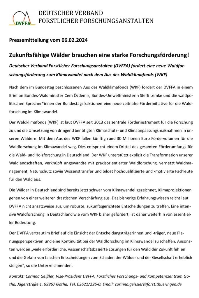 Zum AUS des #Waldklimafonds: Deutscher Verband Forstlicher Forschungsanstalten fordert neue zeitnahe Förderinitiative für die #Wald|forschung im #Klimawandel 👍
PM👇