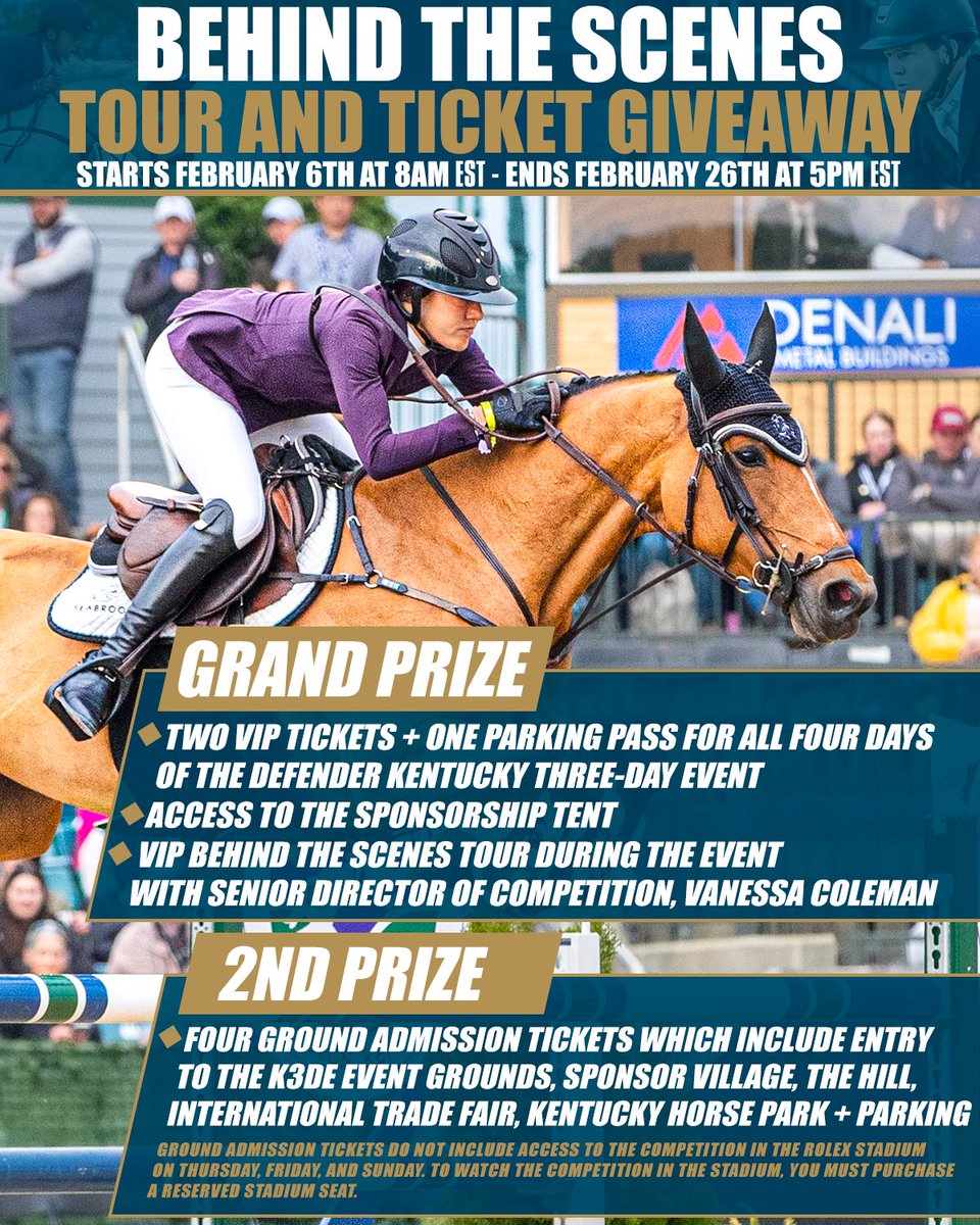 Equestrian Events and @ChronofHorse announce the Behind the Scenes VIP Tour & Ticket Giveaway 2024 ✨ Enter for a chance to win the Grand Prize, two VIP tickets, and one parking pass for all four days of the Defender Kentucky Three-Day Event. app.hive.co/l/3u74xd