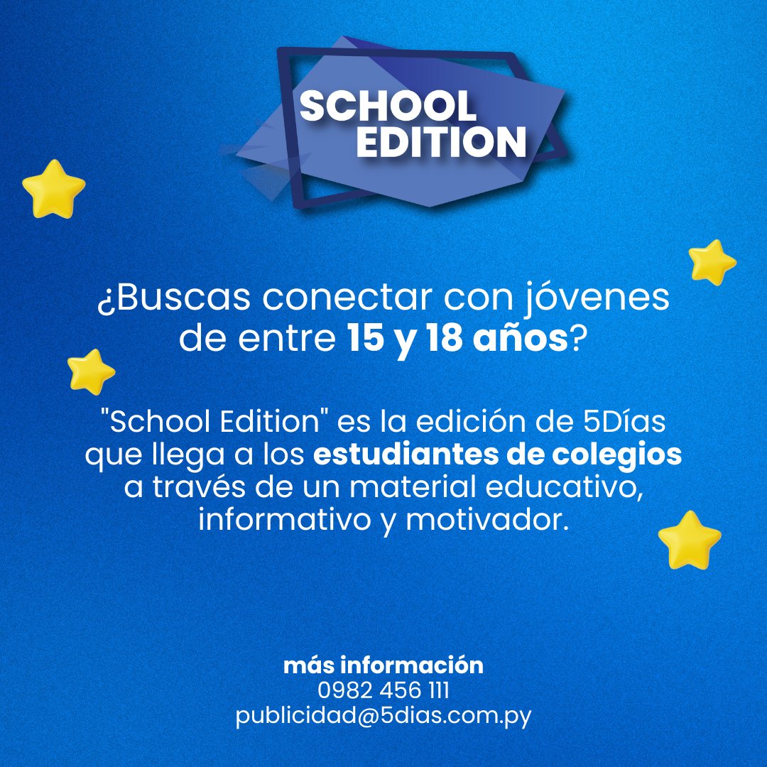 5DiasPy's tweet photo. ¡Conectá con jovenes de entre 15 y 18 años!
Primera salida del año 26 de febrero, distribución exclusiva en colegios 🏫 🧑🏫
📲 0982 456111
📧 publicidad@5dias.com.py
#SchoolEdition #5Días #PasiónporlosNegocios https://t.co/J7nabwvQwF