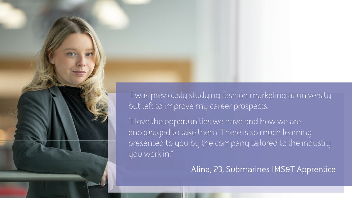 Alina started studying fashion marketing at uni but after taking up the challenge of a new career she's now in the 2nd year of her Integrated Management Systems & Technology Apprenticeship at our Submarines site. Discover our apprenticeships 🔗 ow.ly/Neai50Qye89 #NAW2024