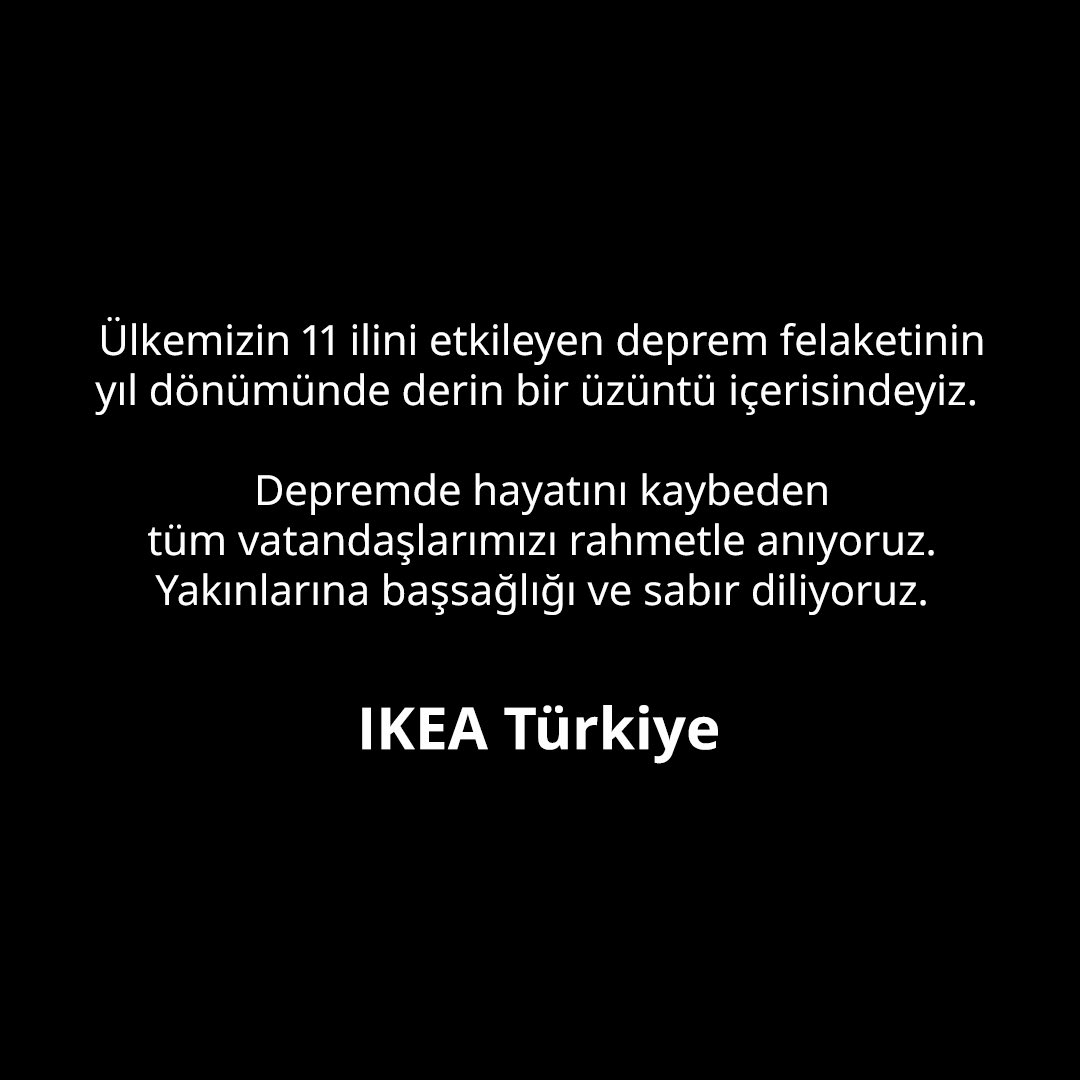 Ülkemizin 11 ilini etkileyen deprem felaketinin yıl dönümünde derin bir üzüntü içerisindeyiz. 

Depremde hayatını kaybeden tüm vatandaşlarımızı rahmetle anıyoruz. Yakınlarına  başsağlığı ve sabır diliyoruz.

#IKEATürkiye