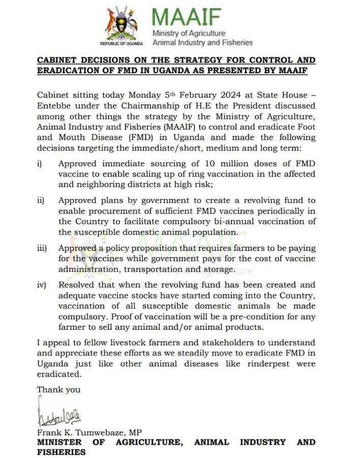 MAAIF_Uganda's tweet image. #FMDControlUG : Here are 4 cabinet decisions on the strategy for control and eradication of Foot and Mouth Disease (FMD) in Uganda. 

@FrankTumwebazek 
@R_Nabbanja 
@AnitahAmong