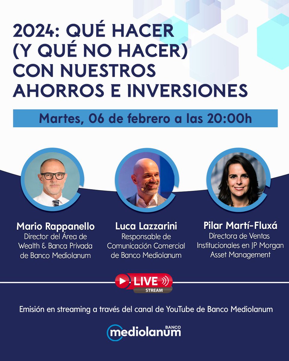No puedes perderte esta tarde la emisión en #streaming sobre Qué hacer (y qué no hacer) con nuestros ahorros e inversiones en la que participarán <a href="/MRappanello/">Mario Rappanello</a> <a href="/LucaLazzarini/">Luca Lazzarini</a> y Pilar Marti-Fluxa
 📅 Hoy a las 20h
📲 loom.ly/dtWhnL8
