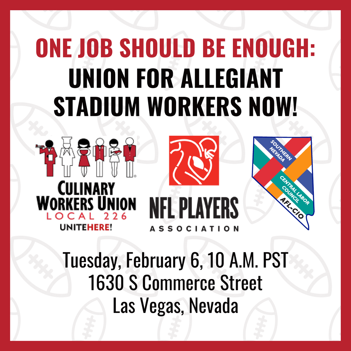 AFLCIO's tweet photo. The workers at Allegiant Stadium in Las Vegas - our #SuperBowl host this weekend - need a union. 

This morning, the @NFLPA is joining @unitehere @Culinary226 for a press conference to send a clear message: One job should be enough, and these need to be good, UNION jobs! https://t.co/wo1cA2KVrO