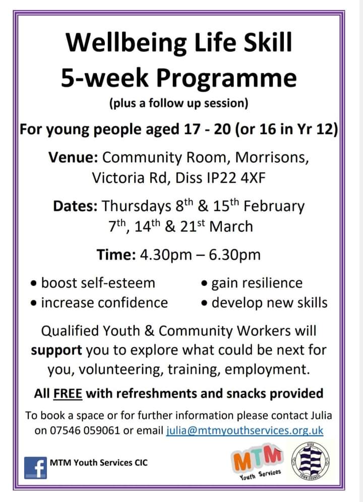 Are you aged between 17 and 20, and looking for a boost while meeting new people? Join the Diss Wellbeing and Social group, starting on Thursday...