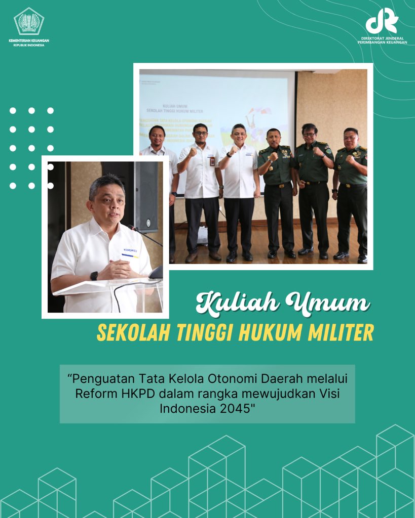 DitjenPK's tweet photo. Senin, 5 Februari 2024, Direktur Jenderal Perimbangan Keuangan menerima kunjungan Sekolah Tinggi Hukum Militer (STHM). 

Kunjungan tersebut dilaksanakan dalam rangka membekali para mahasiswa STHM terkait Tata Kelola Otonomi Daerah. 

#UUHKPD
#UangKitaBuatApa
#ManfaatAPBN https://t.co/KKPkhcQxX0