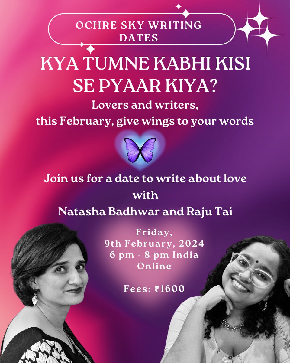 natashabadhwar's tweet photo. Join us for a writing date on Friday, 9 February

Are you are in love, afraid of being in love or in love but don’t quite know with what? This creative writing adventure is designed for you!

Prompt hamara, imagination aapki 💜
Apply: https://t.co/pRXlZr4cfu https://t.co/4HxXRl8hu6
