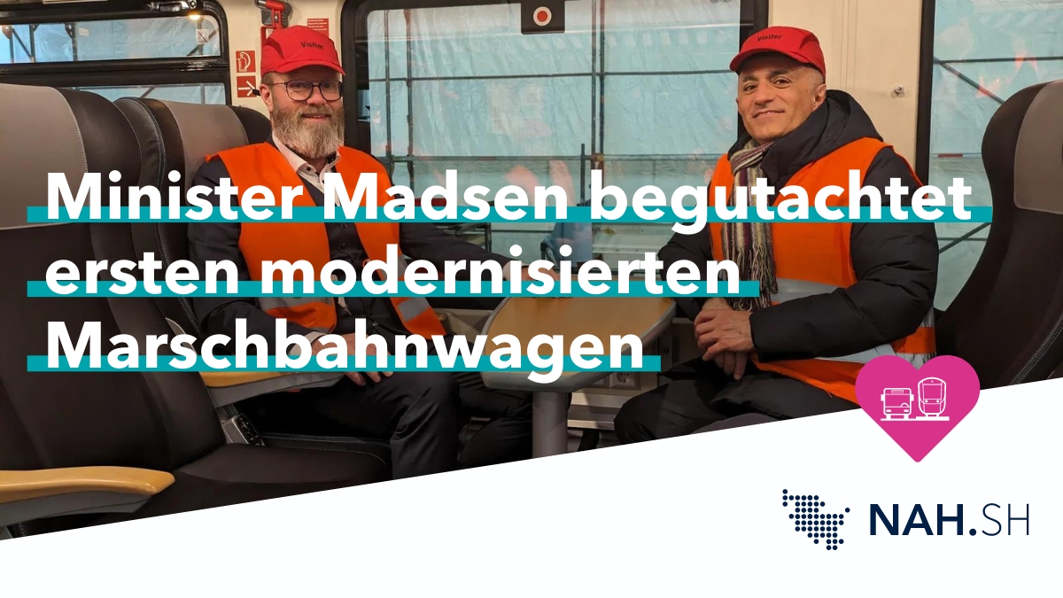 Verkehrsminister Madsen hat sich am Freitag mit Vertreter*innen von NAH.SH und Northrail ein Bild von den Umbauarbeiten des ersten Marschbahnwagenparks im Alstom-Werk gemacht. Im Sommer soll der Wagenpark im Fahrgastbetrieb starten. 🚆 🔎 nah.sh/de/themen/neui…