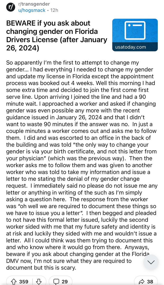 Warning: this is actually terrifying. This is unconfirmed, but Florida may but using attempts to change gender markers to document trans people for god knows what horrific reason.