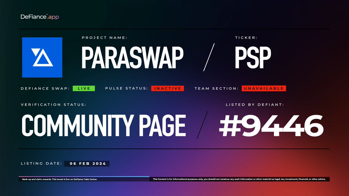 .@paraswap community page is now live on DeFiance.app/project/Parasw…. $PSP is now listed on #DeFianceSwap. ParaSwap aggregates decentralized exchanges and DeFi services in one comprehensive interface to streamline and facilitate users' interactions with decentralized finance on…