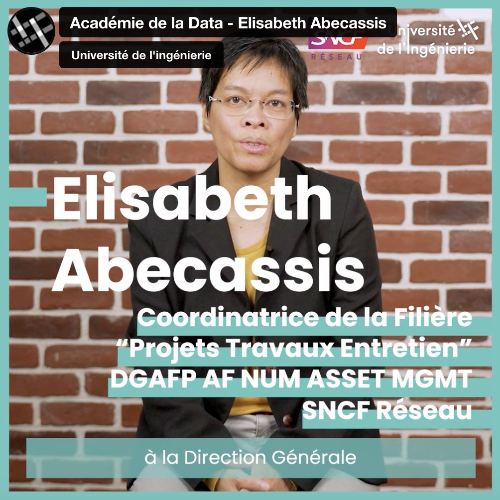Découvrez l'univers de la data avec Elisabeth Abecassis, coordinatrice de la filière "Projet Travaux Entretien" chez <a href="/SNCFReseau/">SNCF Réseau</a> et formatrice à l'Académie de la Data. / @DGNUM_Fr 
📽️vimeo.com/906450715/178b…

#AcadémieDeLaData #Innovation #GestionDesDonnées #SNCFRéseau