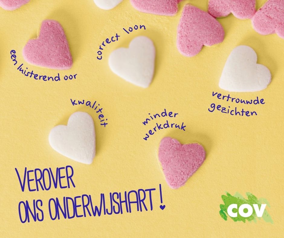 Samen met COC, VSOA onderwijs en ACOD onderwijs laten we van ons horen. Met kwaliteit, minder werkdruk, vertrouwde gezichten, een correct loon en een luisterend oor kan je ons onderwijshart veroveren. Verspreid mee onze boodschap: hetacv.be/acv-cov/verove…  #VeroverOnsOnderwijshart