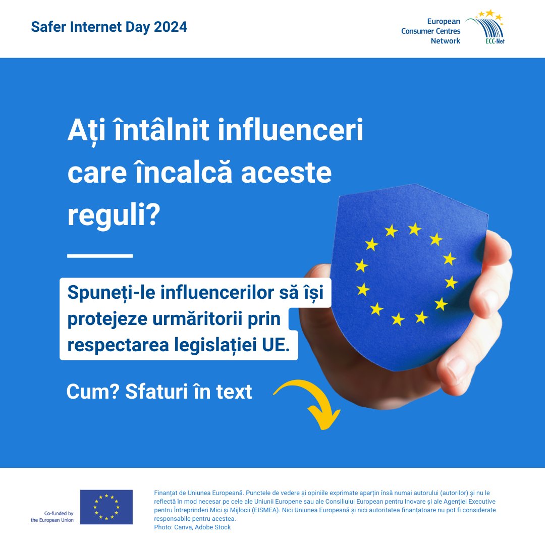 ECC-Net a identificat 10 cele mai bune practici pentru influenceri cu privire la protecția tinerilor consumatori. Astfel, influencerii pot respecta normele legale și etice. shorturl.at/pzD07 #ECCNet #SID2024 #SaferInternetDay