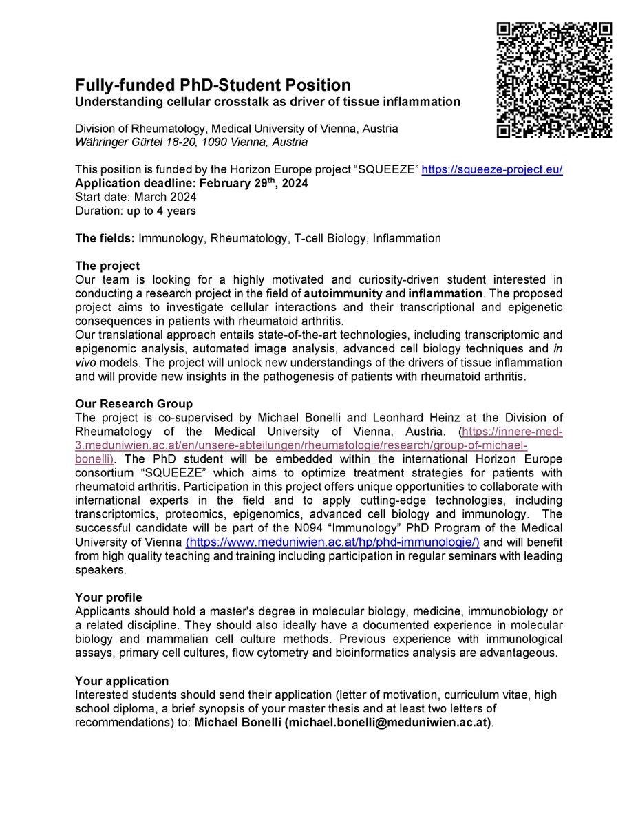 MichaelBonell10's tweet photo. 📣 @leoheinz and I are hiring a PhD student in the field of #Autoimmunity and #inflammation to join our team to investigate cellular interactions in RA patients. 🔎 Contact us if you are or know any suitable candidate, and help us spread the job ad to your network! 🙏 https://t.co/OueENB0BhI