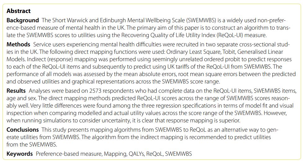 New publication in Health and Quality of Life Outcomes: 'Mapping SWEMWBS to ReQoL to estimate health utilities', by Anju Devianee Keetharuth, @DrLauraAGray, @McgraneEllen, Hannah Warboys & @OrozcoGiovany: shorturl.at/mqSV7 #healtheconomics RT