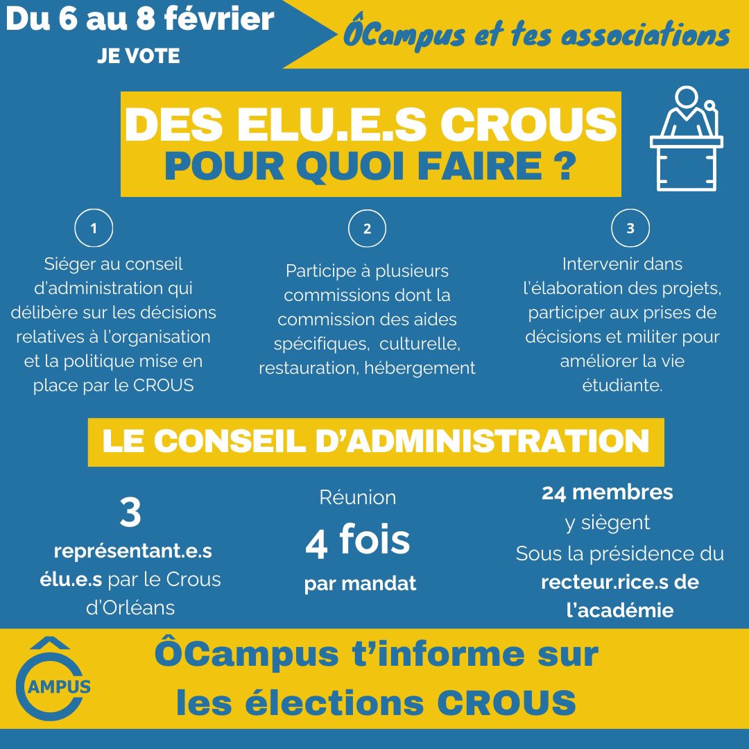 🔵 ÉLÉCTIONS ÉTUDIANTES 🔵

➡️ Du 6 au 8 fevrier, je vote ÔCampus et tes associations !

➡️ ÔCampus vous accompagne pour tout vous expliquer de ces élections CROUS 

<a href="/CROUS_OT/">Crous d'Orléans-Tours</a>