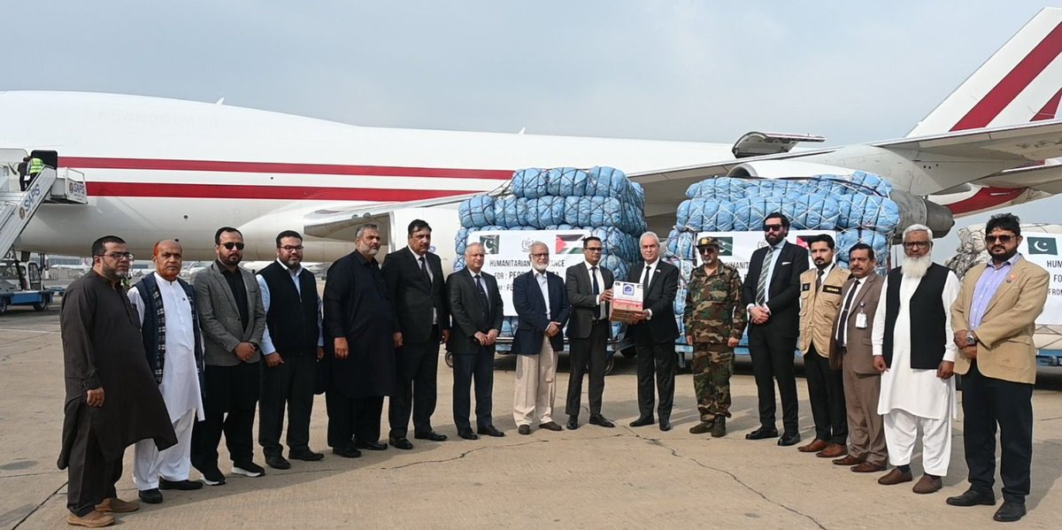 PakistanFauj's tweet photo. Pakistan dispatches the sixth batch of relief goods to Gaza

#Pakistan continues its efforts to deliver relief good to the oppressed Muslim brethern in #Gaza, #Palestine 

In a special flight from Karachi Airport, Pakistan has sent 6th consignment of relief supplies for Palestine. 

The departure ceremony was attended by Palestine's Ambassador to Pakistan, NDMA (National Disaster Management Authority), officials from the Ministry of Foreign Affairs, and military officers.

The special flight carrying relief supplies will land in the city of El Arish, Egypt, where designated Pakistani diplomats will receive the aid, and then, aid would be transported to Gaza for distribution.

The relief consignment, weighing 100 tons, includes 30 tons of tents and blankets for the winter season and 70 tons of medical supplies and food items.

It is pertinent to mention that Pakistan, to date, has dispatched a total of 230 tons of relief goods for the affected people of Gaza through five flights. The relief supplies consisted of special tents, blankets, surgical equipment, medicines, and food packs for the distressed people of Gaza.

In these challenging times, Pakistan stands in solidarity with its Palestinian brothers and sisters and will continue to support them.
