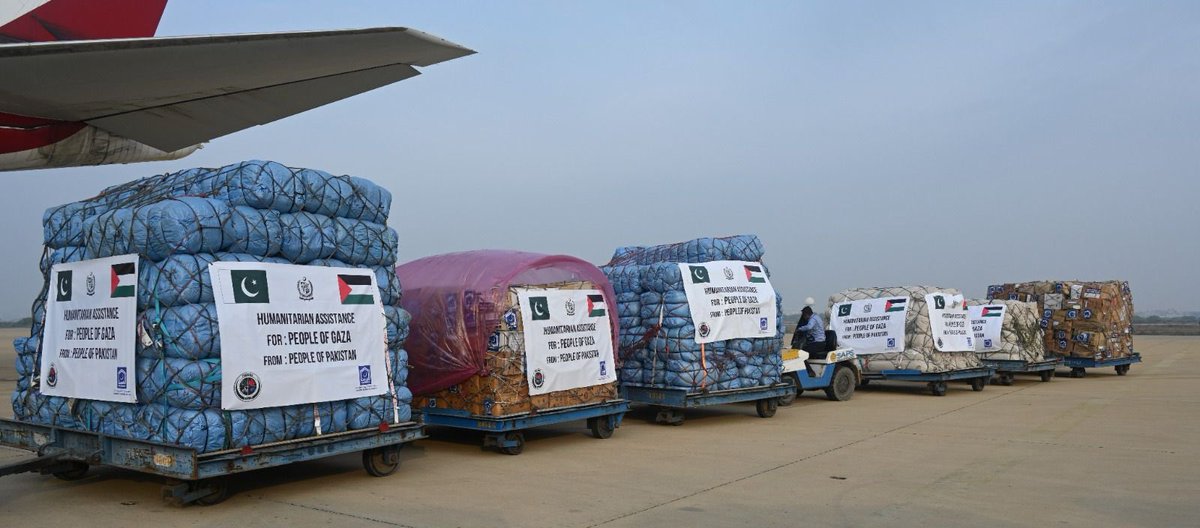 PakistanFauj's tweet photo. Pakistan dispatches the sixth batch of relief goods to Gaza

#Pakistan continues its efforts to deliver relief good to the oppressed Muslim brethern in #Gaza, #Palestine 

In a special flight from Karachi Airport, Pakistan has sent 6th consignment of relief supplies for Palestine. 

The departure ceremony was attended by Palestine's Ambassador to Pakistan, NDMA (National Disaster Management Authority), officials from the Ministry of Foreign Affairs, and military officers.

The special flight carrying relief supplies will land in the city of El Arish, Egypt, where designated Pakistani diplomats will receive the aid, and then, aid would be transported to Gaza for distribution.

The relief consignment, weighing 100 tons, includes 30 tons of tents and blankets for the winter season and 70 tons of medical supplies and food items.

It is pertinent to mention that Pakistan, to date, has dispatched a total of 230 tons of relief goods for the affected people of Gaza through five flights. The relief supplies consisted of special tents, blankets, surgical equipment, medicines, and food packs for the distressed people of Gaza.

In these challenging times, Pakistan stands in solidarity with its Palestinian brothers and sisters and will continue to support them.
