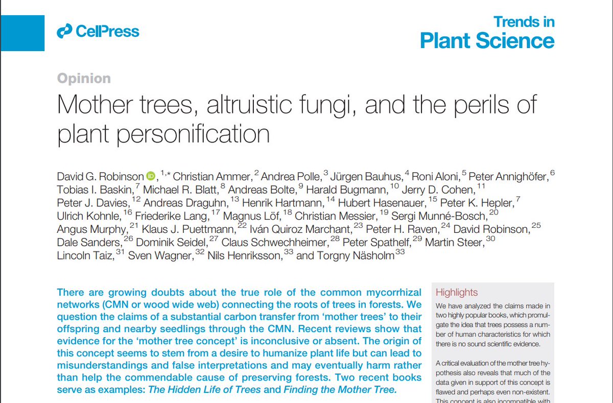 Určitě jste slyšeli o propojení stromů v lese "internetem" podhoubí🍄🌳🌲, o stromech, které přes tyhle "dráty" komunikují a posílají si živiny, i o dalších vymoženostech téhle "sítě". No tak pro nic z toho nejsou vědecké důkazy 🤷‍♂️
cell.com/trends/plant-s…