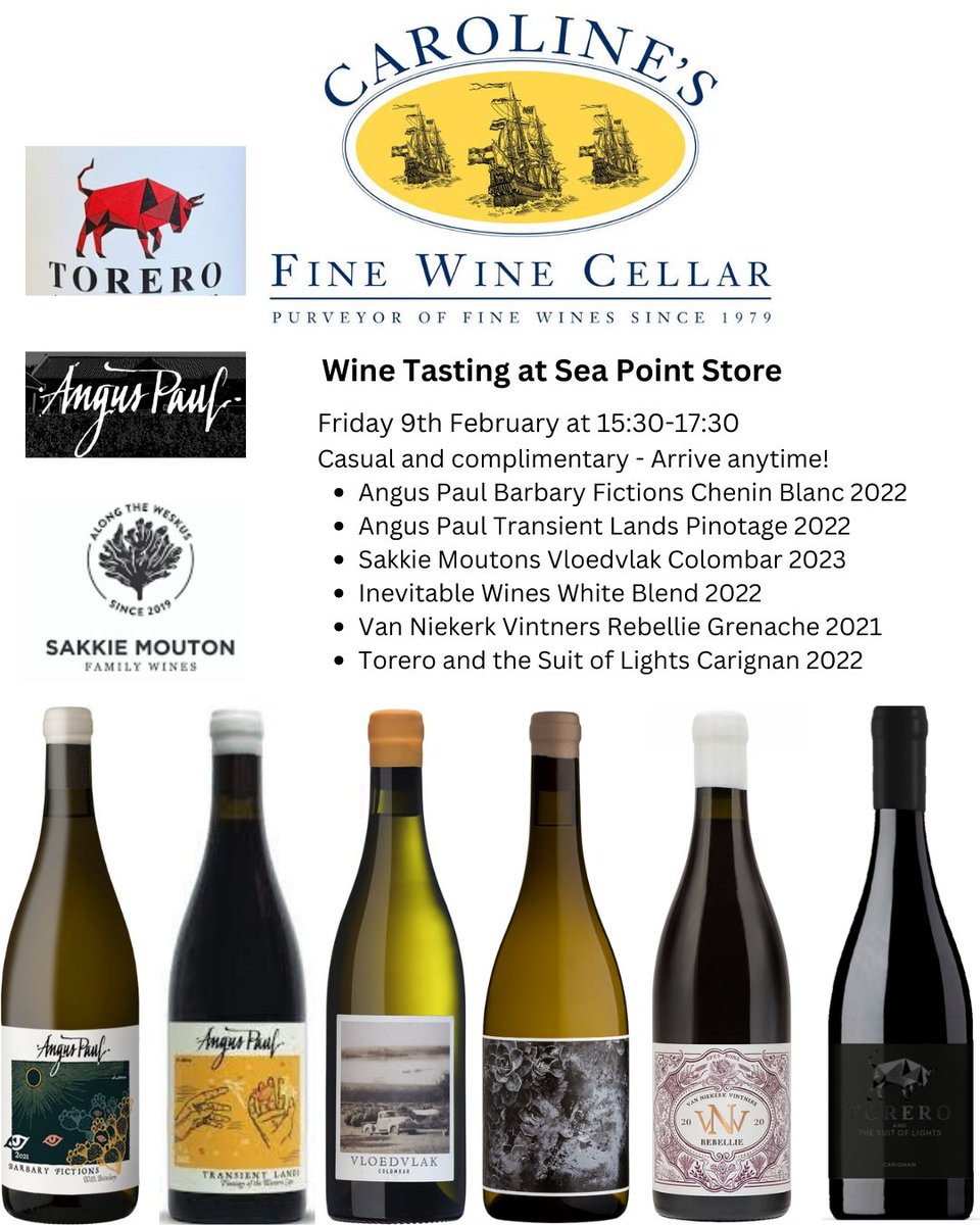 CFWCStrandStr's tweet photo. This Friday we will explore some of the "lesser known" producers at Caroline's Fine Wine Cellar in #seapoint. #anguspaulwines #cheninblanc #pinotage #sakkiemoutonfamilywines #vloedvlak #colombarwine #inevitablewines #vanniekerkvintners #grenache #torerowine #syrah https://t.co/hd3EZyufyF