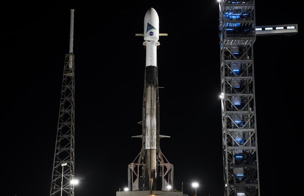 Falcon 9-raketten fra SpaceX står klar på opsendelsesplatformen ved Cape Canaveral med NASA's PACE-klimasatellit og vores instrumenter fra DTU Space inde i kapslen på toppen. Pga dårligt vejr er opsendelsen udsat til i morgen onsdag kl. 7.33 DK-tid. #dkgreen #dkrummet #dkforsk
