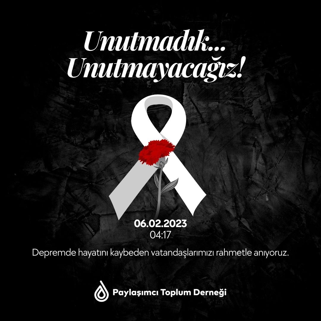 6 Şubat depremlerinde kaybettiğimiz canları rahmetle anıyor, hatıraları önünde saygıyla eğiliyoruz. Deprem vesilesiyle yaşadığımız acıları unutmadık ve unutmayacağız. #6Subat2023